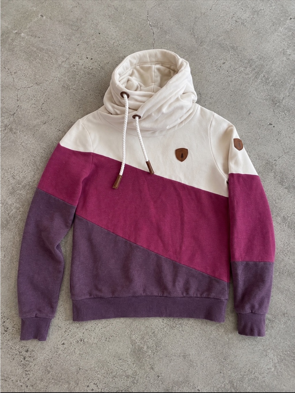 Wanakome Colorblock Cowl Neck Hoodie Woman Medium Pullover Purple Pink Cream
